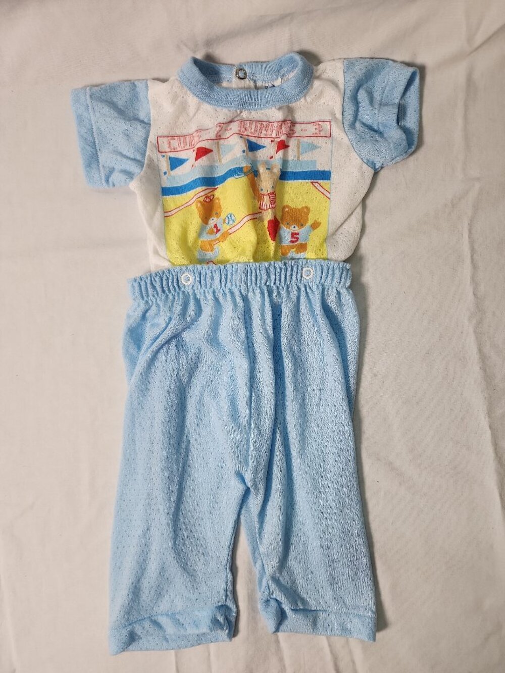 GERBER 2 Piece Snap Apart Blue BABY PAJAMAS Animals Baseball USA 12 MONTHS VTG
